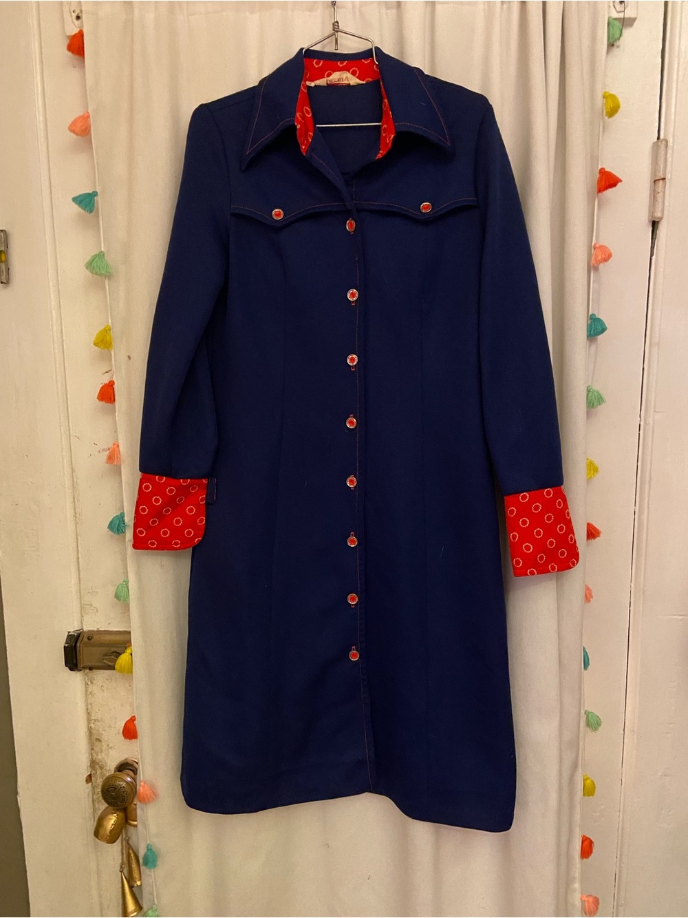 VINTAGE Navy Long Sleeve Dress with Red Accents